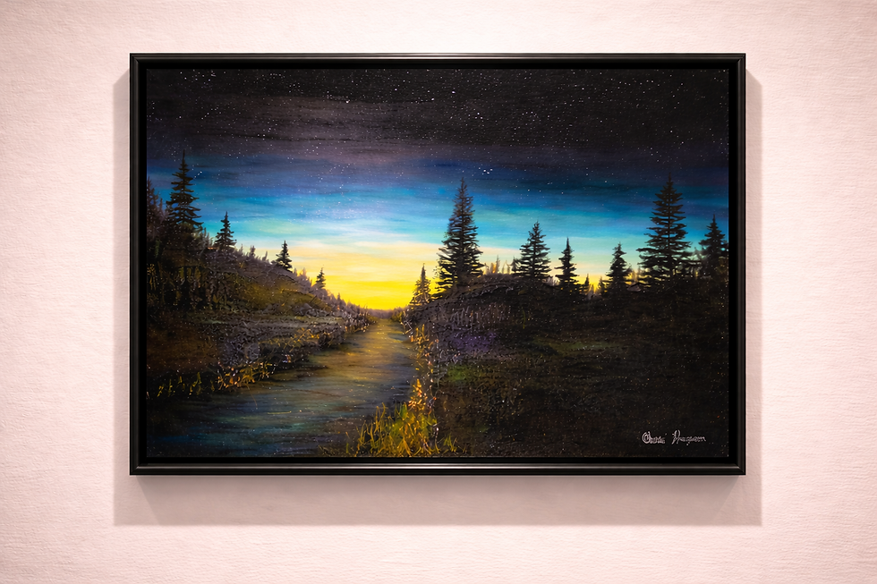 Thumbnail: Sunset mountain Fine Art oil 20 x 16 " black blue navy teal yellow white gold 