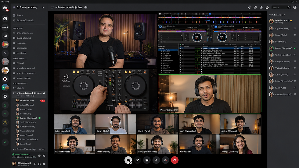 Discord video class for DJ Training Academy shows an instructor DJ Anish Anand teaching students online, DJ mixer screens, and smiling participants in a live Advanced online DJ session