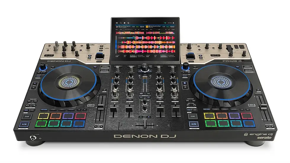 Front view of a black Denon DJ Prime 4 G2 DJ controller with dual jog wheels, mixer, colorful pads, and screen showing waveforms on a white background