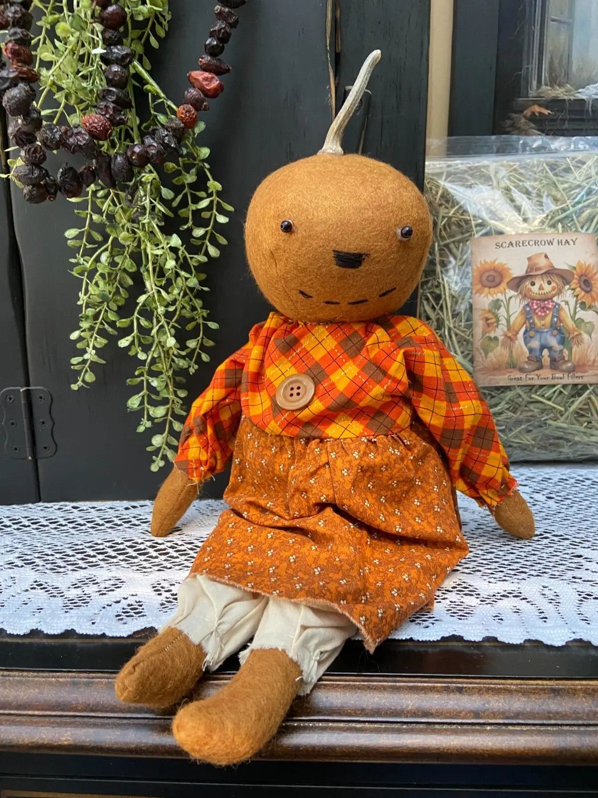 Handcrafted Orange Pumpkin Head Doll