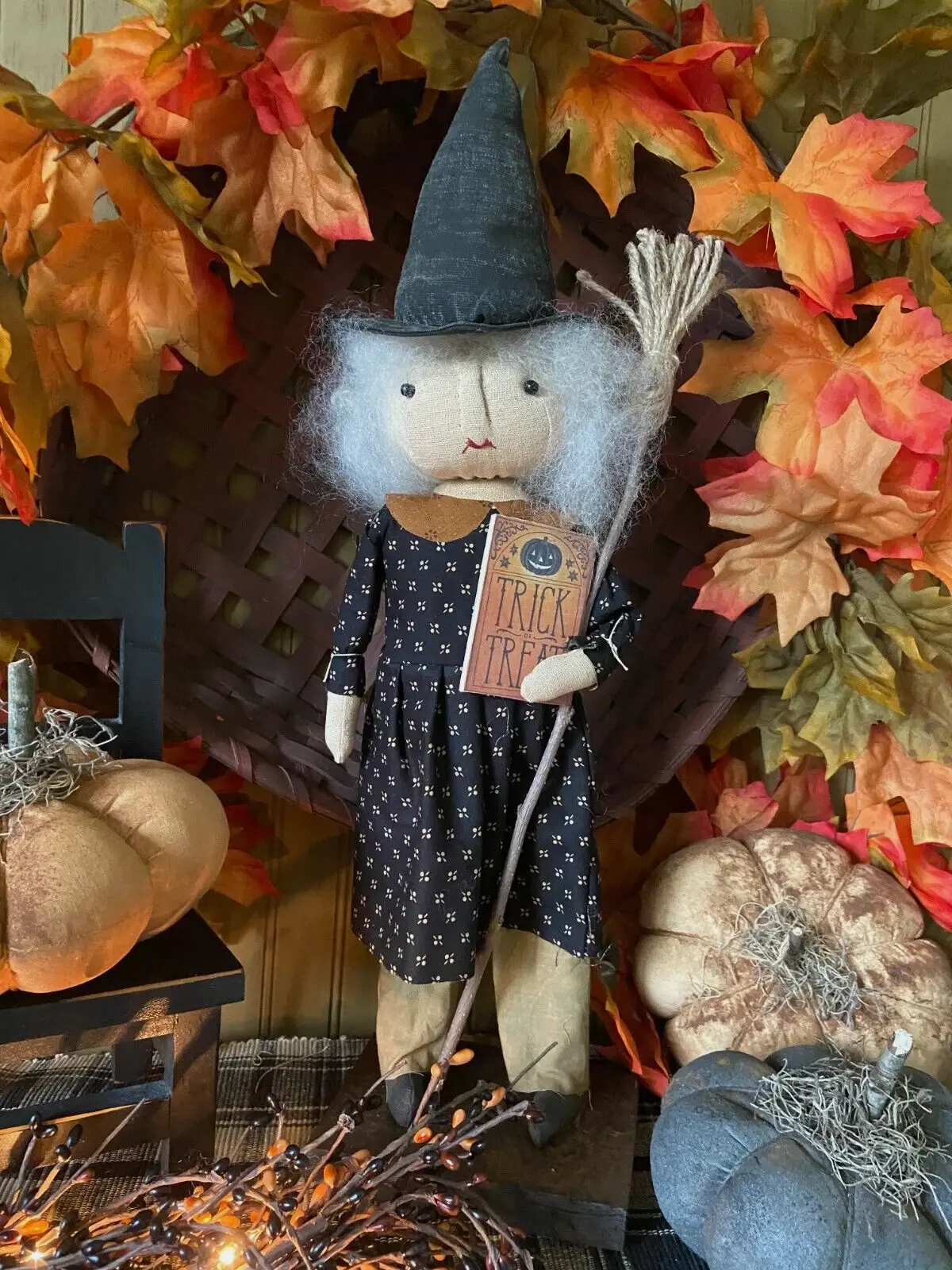 Handcrafted Witch Doll W/Broom