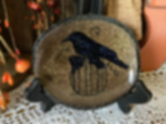 Handcrafted Black Crow On Pumpkin Pottery Plate