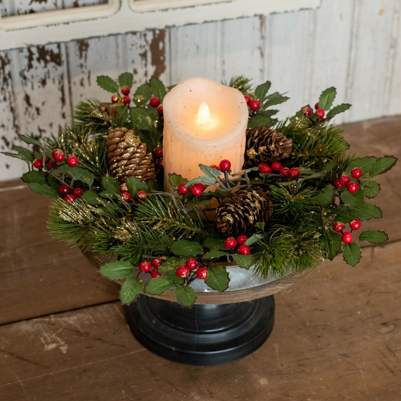 16" Glitter Holly Candle Ring W/ Pine & Berries & Cones