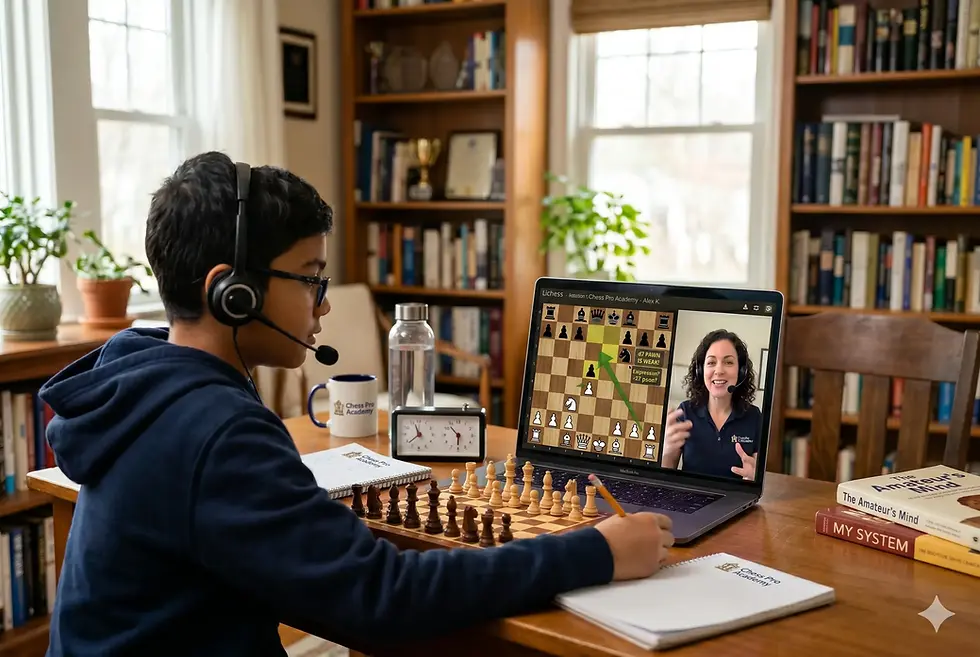 Child taking online chess lessons with a professional chess tutor.