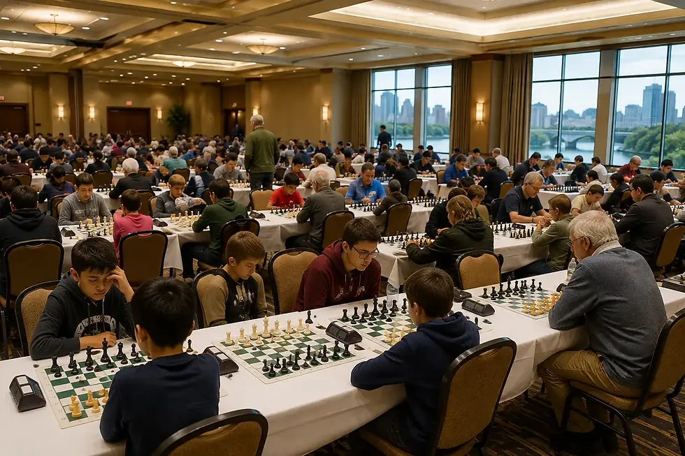 Chess tournament in progress at a hotel conference hall in Omaha, Nebraska
