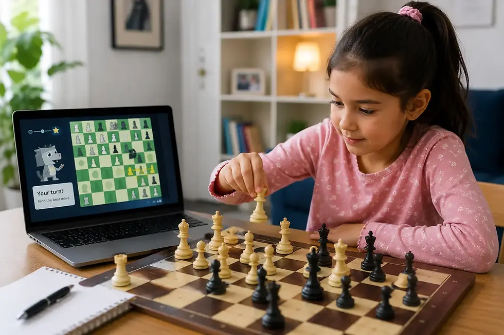 Child learning chess piece movements with a chessboard