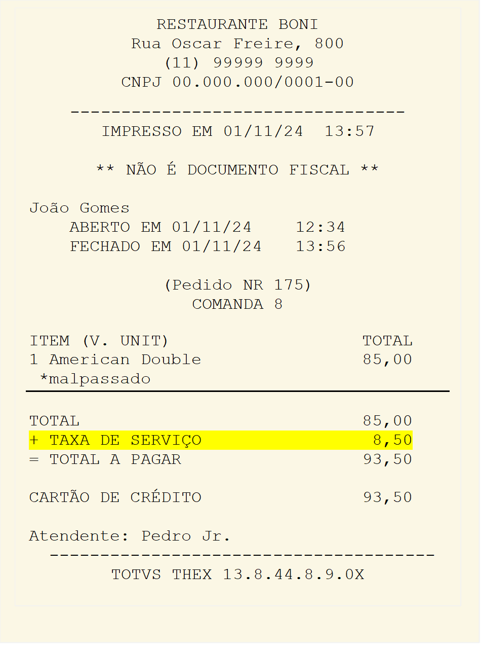 Taxa de serviço destacada no cupom