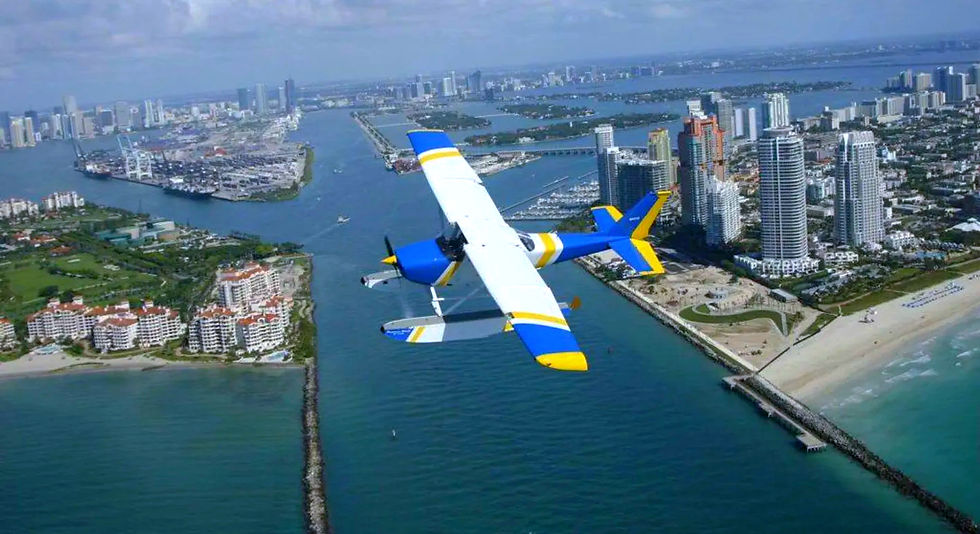 Private seaplane departing Watson Island Miami over Biscayne Bay toward the Florida Keys