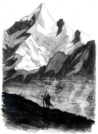 Ötzi face à la montagne dessin au crayon