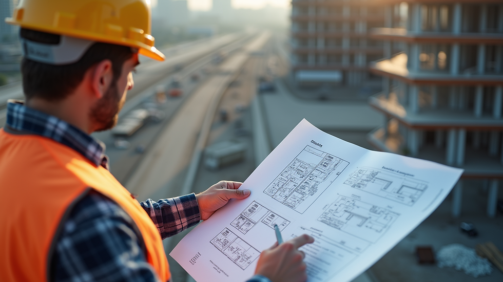 High angle view of a project manager reviewing blueprints on a construction site
