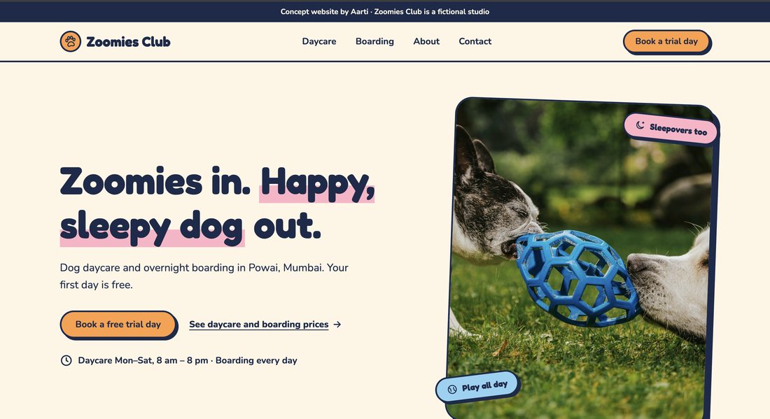 Homepage of the Zoomies Club website