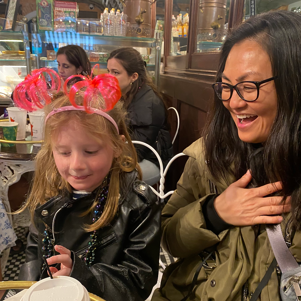 Beignets and good friends are a perfect match with crazy outfits in New Oreleans