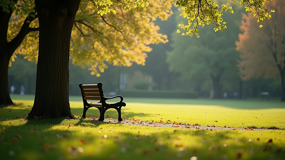 Eye-level view of a serene park with a bench under a tree