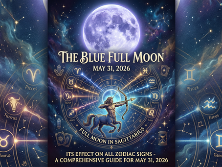 A mystical, celestial graphic featuring a glowing blue full moon set against a vibrant, starry night sky. Below the moon is a glowing golden astrological wheel displaying the 12 zodiac symbols. In the center, a centaur draws a bow and arrow, representing the Sagittarius sign. The image includes the text: "The Blue Full Moon, May 31, 2026," "Full Moon in Sagittarius," and "Its Effect on All Zodiac Signs - A Comprehensive Guide for May 31, 2026."
