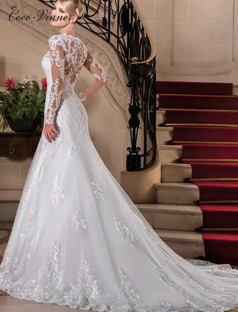 Thumbnail: Customized Illusion Back Long Sleeve Beaded Lace Mermaid Weddin