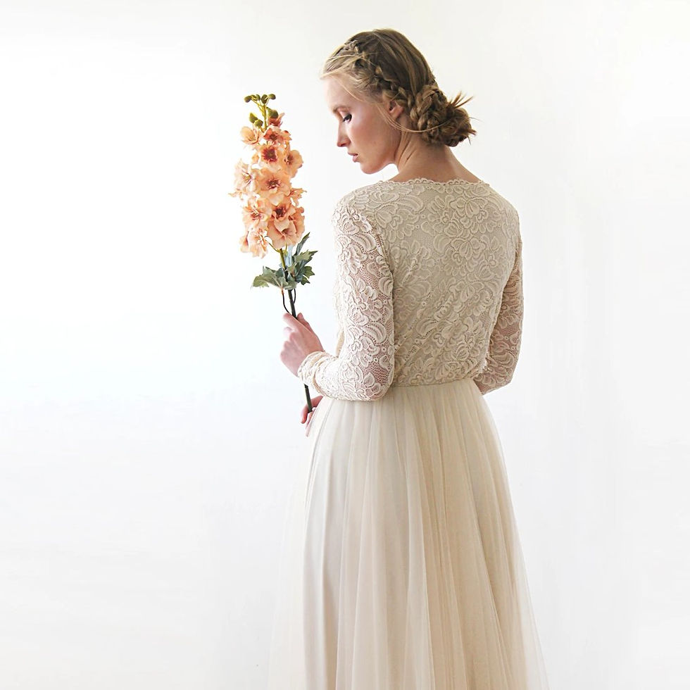 Thumbnail: Champagne Tulle & Lace Wrap Train Dress #1164