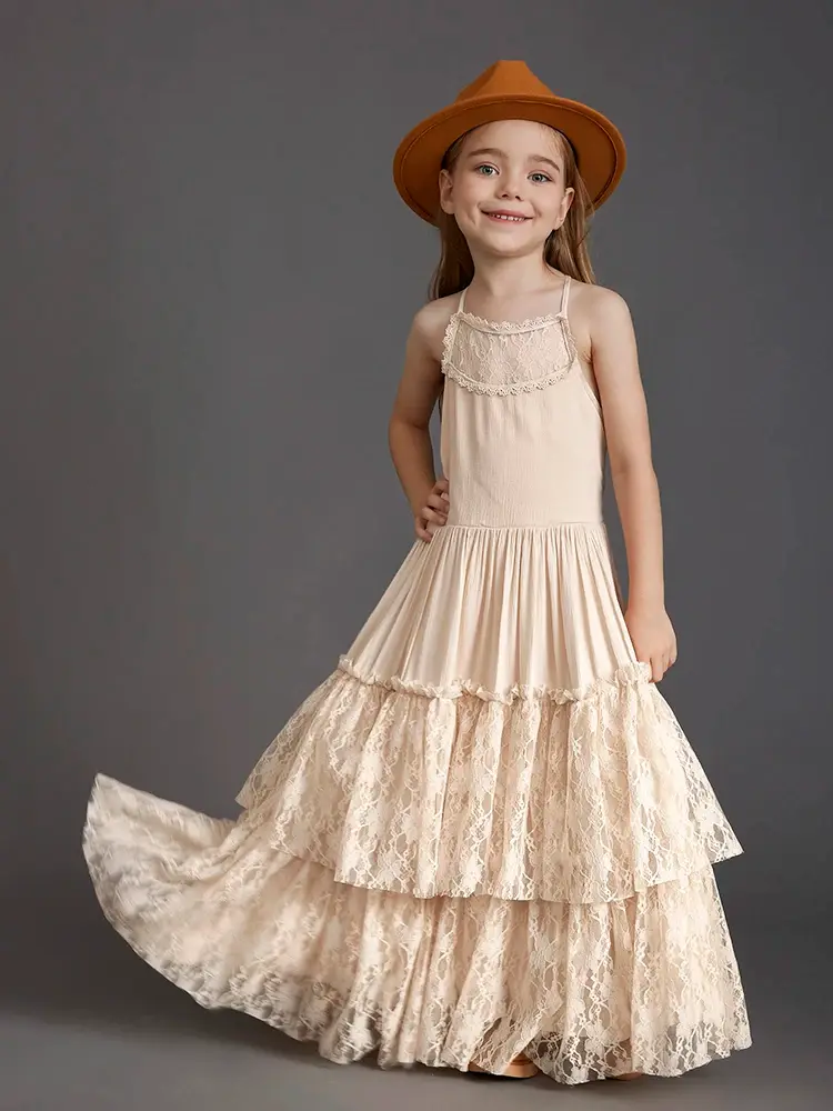 Thumbnail: New Girl Lace Chiffon Backless Long Dress Wedding Flower Girl Fashi