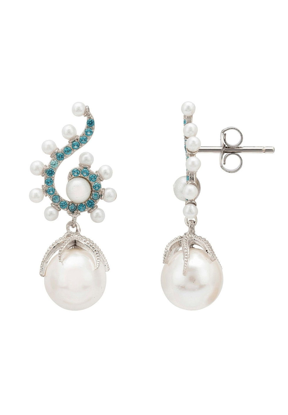 Thumbnail: Baroque Pearl Poseidon Gemstone Drop Earrings Aqua Silver