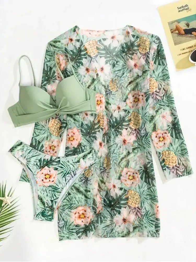 Thumbnail: 3 Piece Bikini Set Ruffle Swimsuit with Beach Skirt Cover Up