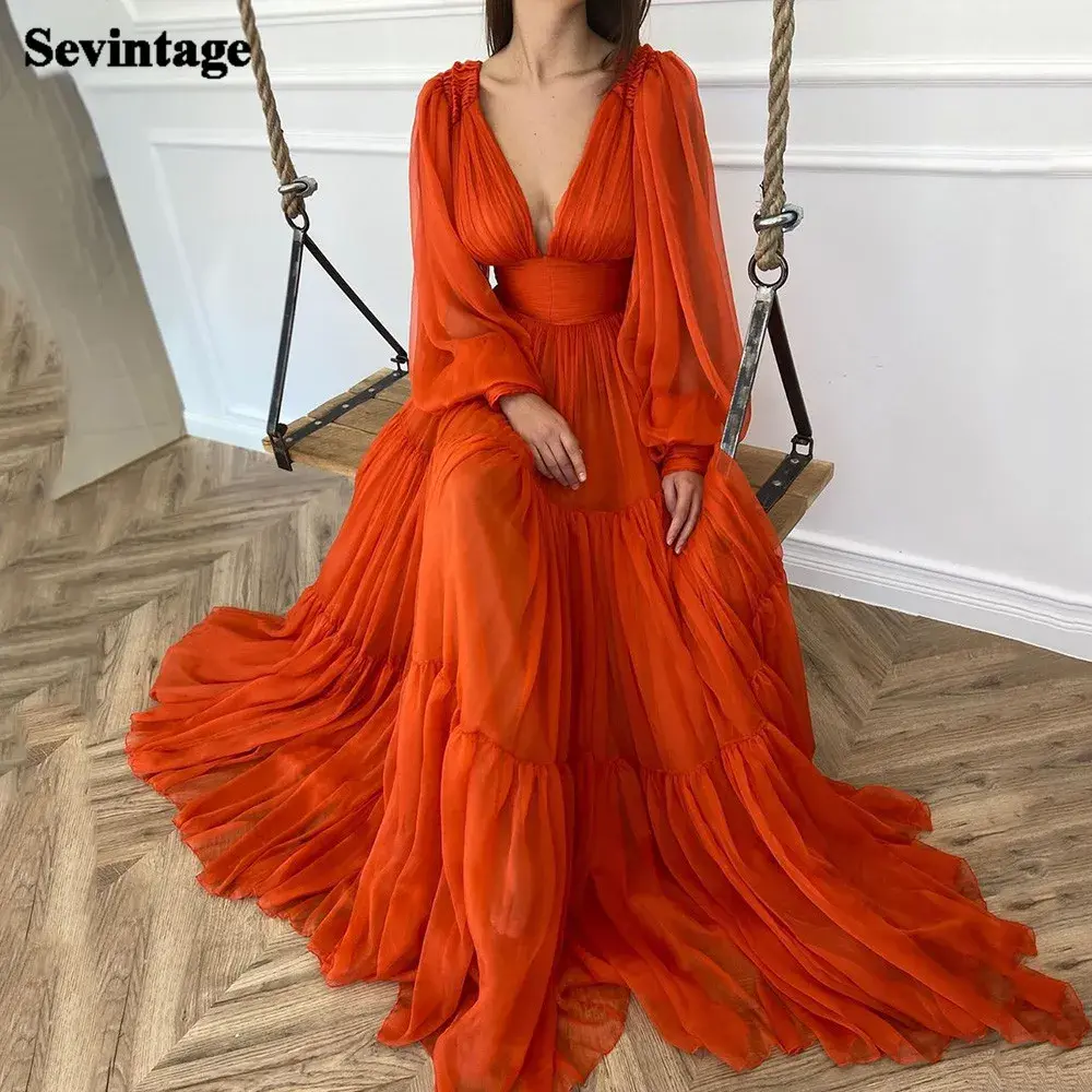 Sevintage Customized Long Puff Sleeves Prom Dresses V-Neck Pleats