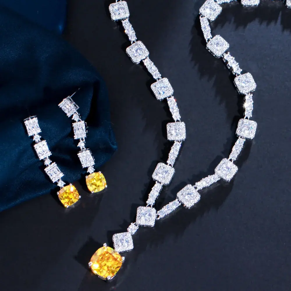 Classic Square Cut Yellow Cubic Zirconia Stone Wedding Necklace Earr