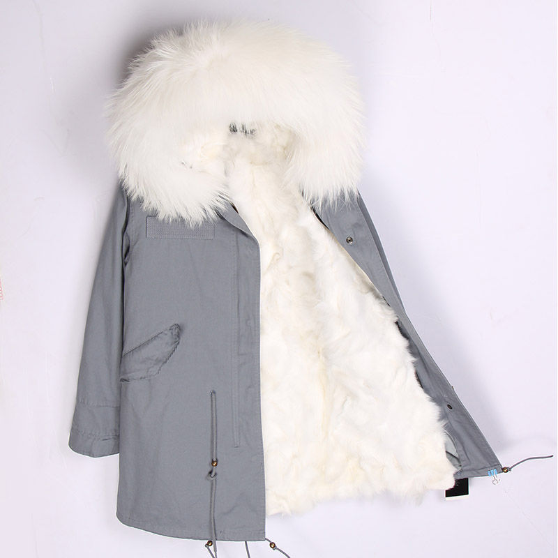 Thumbnail: Winter Warm Jacket Raccoon Fur Collar Hooded Real Fox Fur Liner O