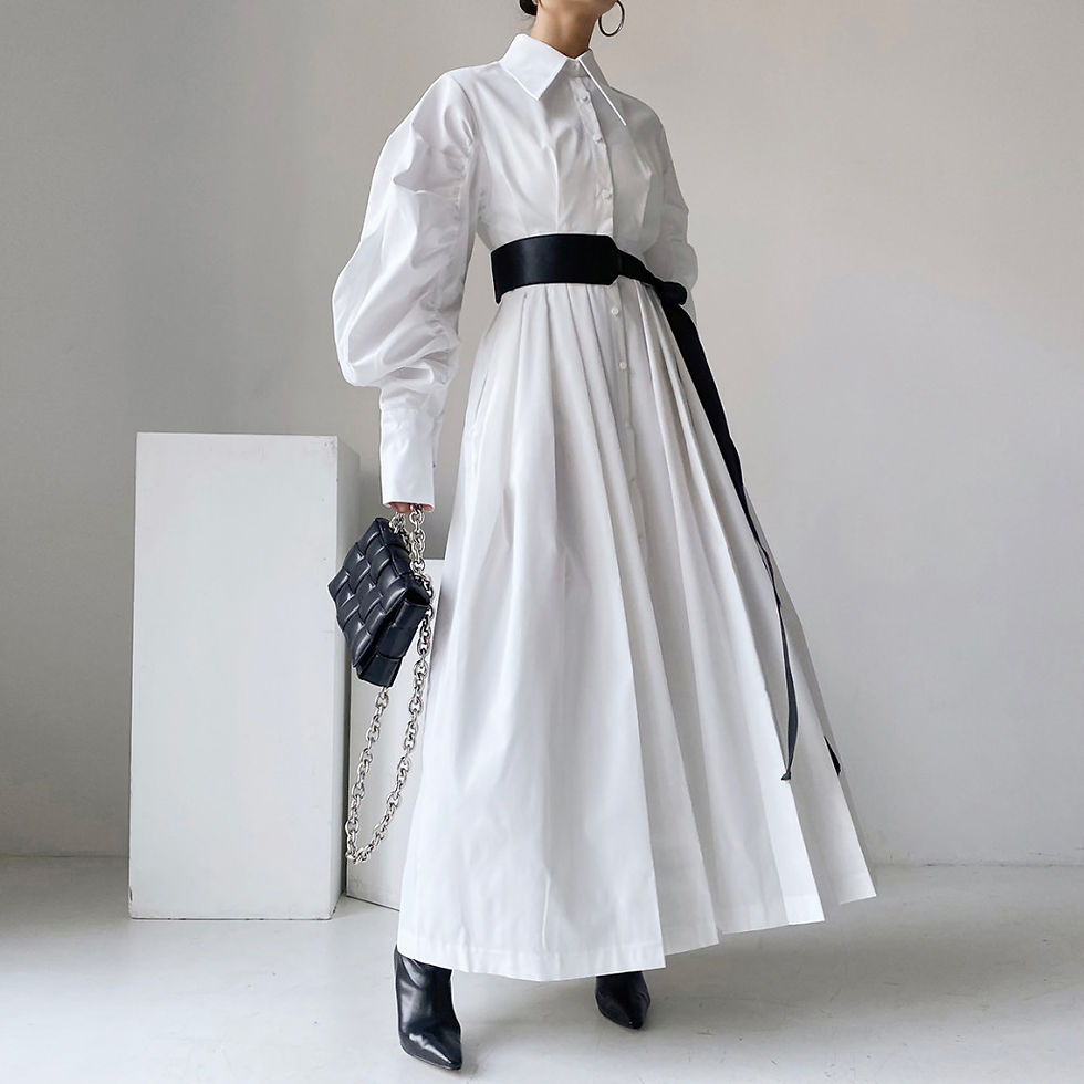 Thumbnail: Women Dress Puff Sleeve Cotton White Blue Shirt Dresses Long Sleev