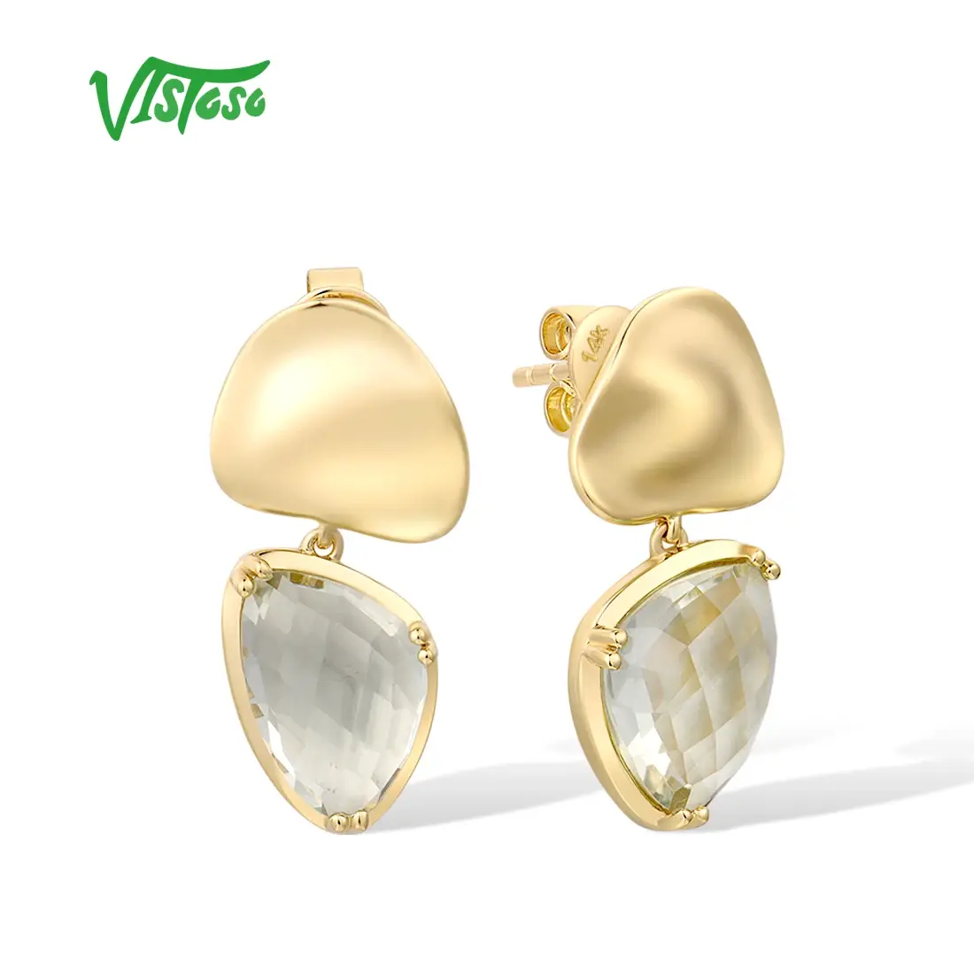 VISTOSO Gold Earrings for Women Pure 14K 585 Yellow Gold Sparklin