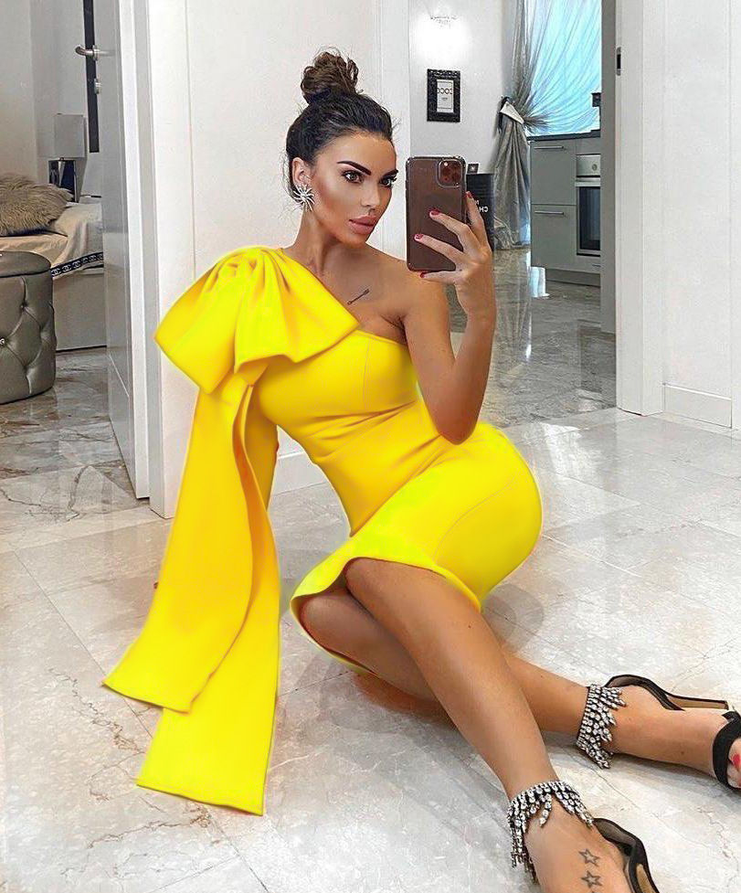 Thumbnail: Wholesale Women Orange Elegant Bow One Shoulder Bodycon Midi F