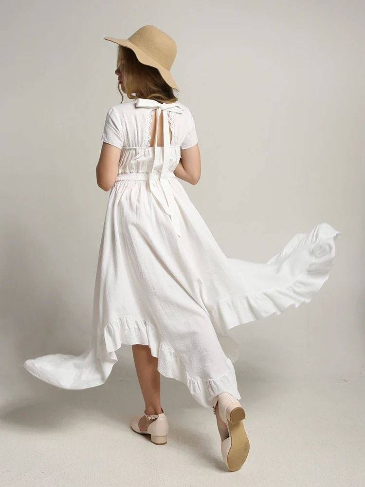 Thumbnail: Princess Girls Lace Cotton Long Dresses Baby Kids Flower Girl Weddi
