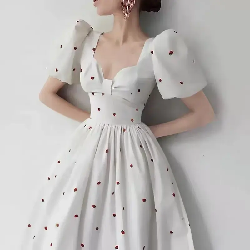 Thumbnail: OUDINA French Summer Retro Puff Sleeves White Polka Dot Dresses