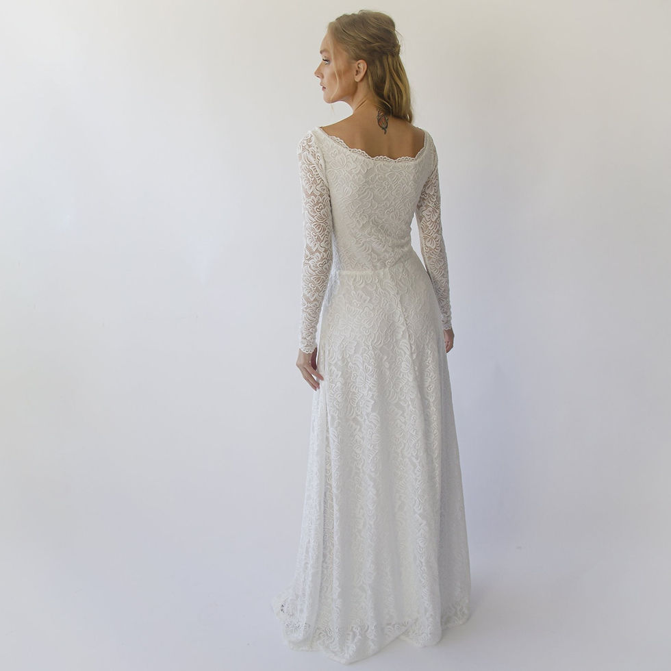 Thumbnail: Long Sleeves Boat Neckline Modest Wedding Dress With Floral Sash Belt #1296