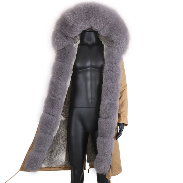 Thumbnail: Men's Coat Thick Fur Coat Natural Real Fox Fur Collar Coat Rabbit Fur