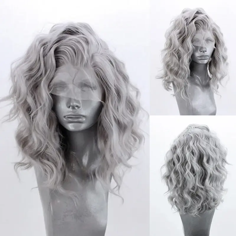 Thumbnail: AIMEYA Silver Grey Short Body Wave Synthetic Lace Front Wigs for