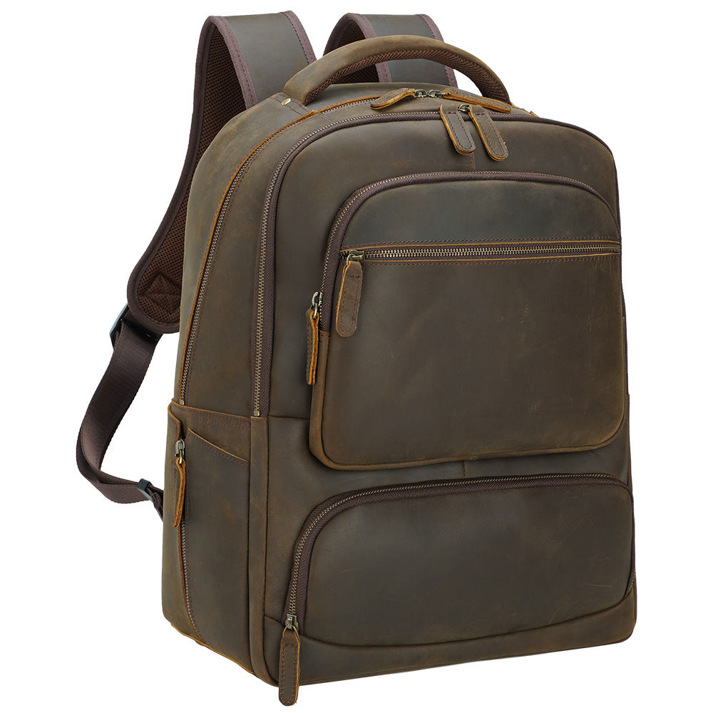 Brown Full Grain Crazy Horse Leather Backpack Dropship Leather L