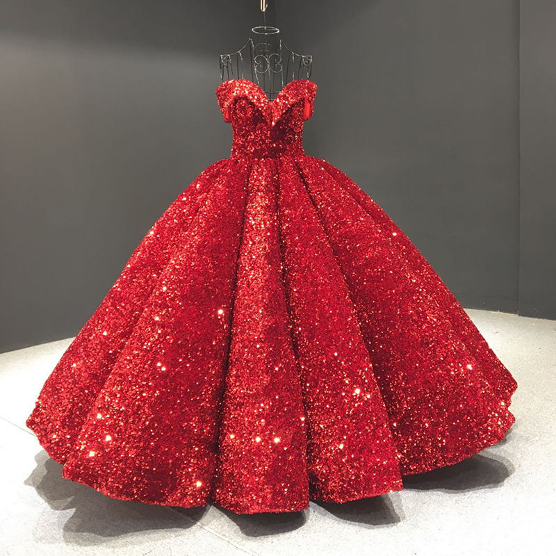 Thumbnail: Latest V-Neck Sleeveless Sequined Bridal Gowns Prom Dresses Glittg Dress