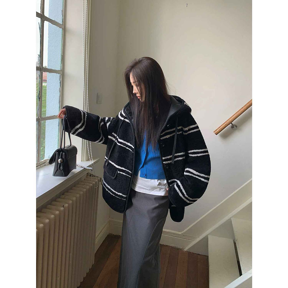 Thumbnail: Fireladyfur Women's Lamb Wool Striped Jacket“Snowy New Year”