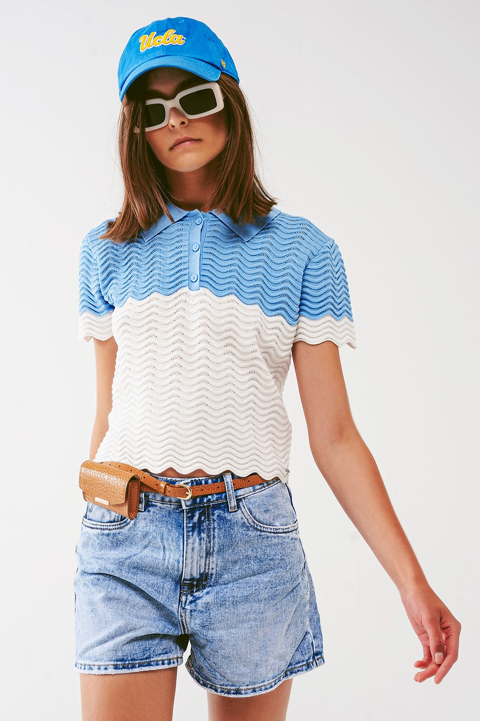 Thumbnail: Knitted Colour Block Cropped Polo in Blue