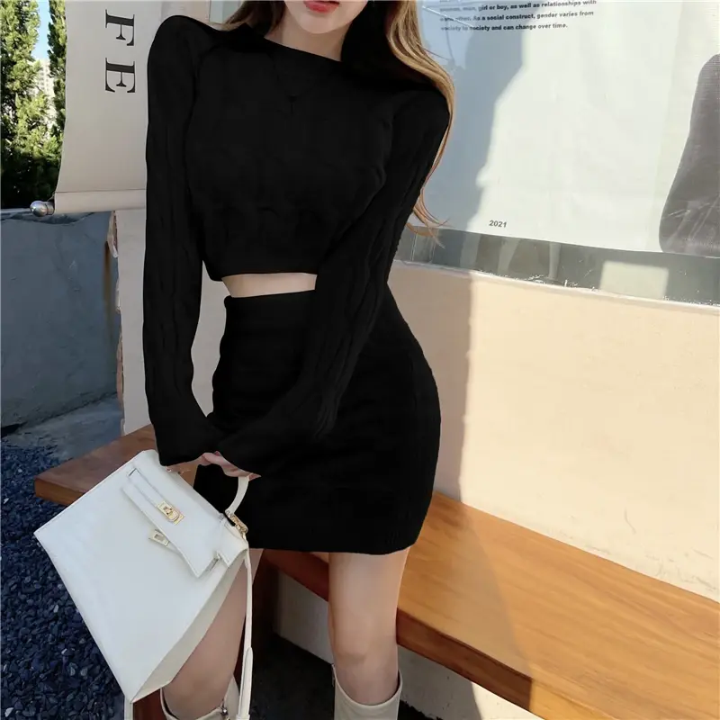 Thumbnail: Elegant Fall Winter Knitted 2-Piece Sweater Crop Top and Mini Skirt Set