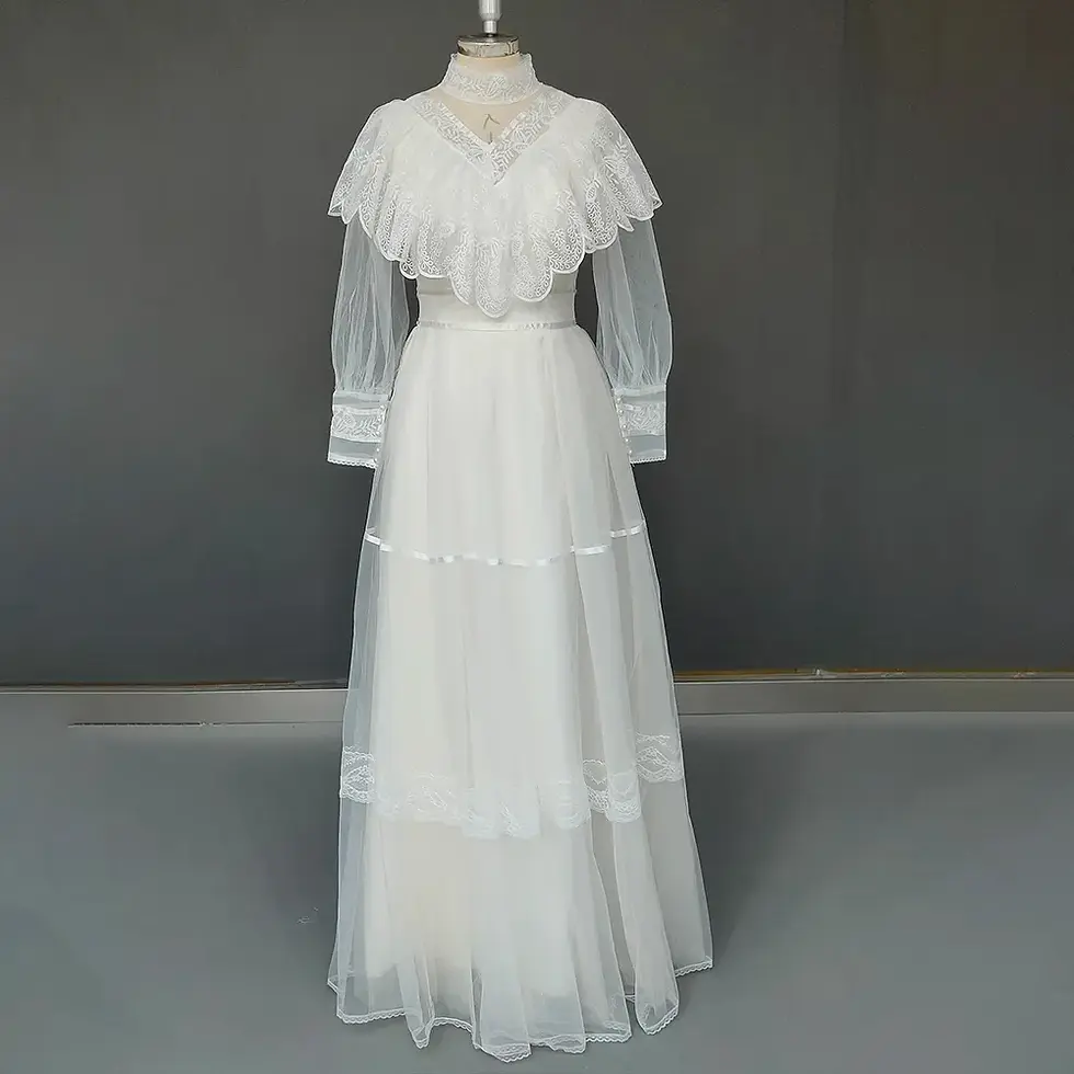 Thumbnail: High Neck Tulle Wedding Dress Medieval Victorian Vintage Long Sleev