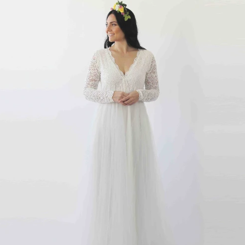 Thumbnail: Ivory Lace Long Sleeves Wedding Dress With Pockets  #1266