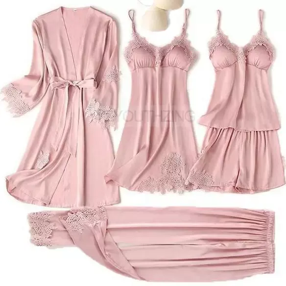 Thumbnail: Pajama Set Women Lace Trim Satin Sleepwear Pyjamas Pour Femme