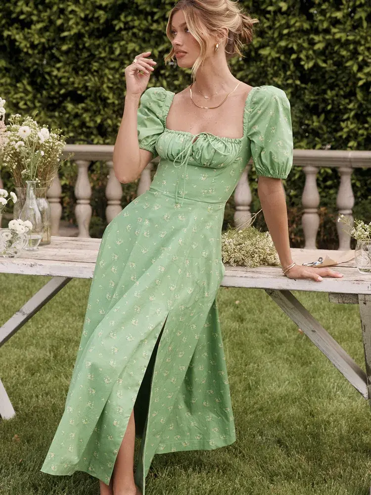 Thumbnail: Women's Summer Boho Ankle-Length Fit and Flare Dress with Square Collar