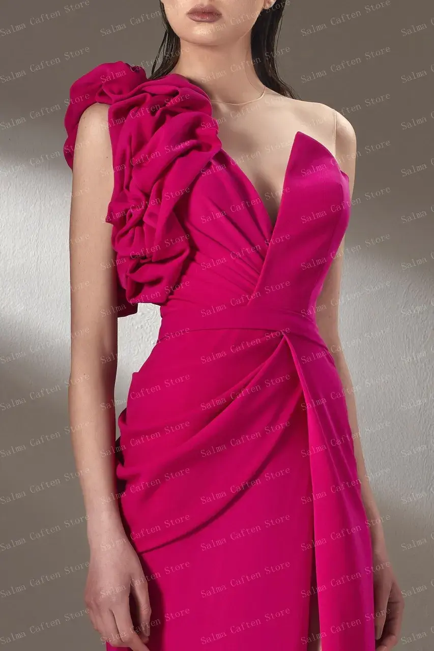 Thumbnail: One Shoulder Satin Dress With Slit Ankle Length Evening Satin Dress