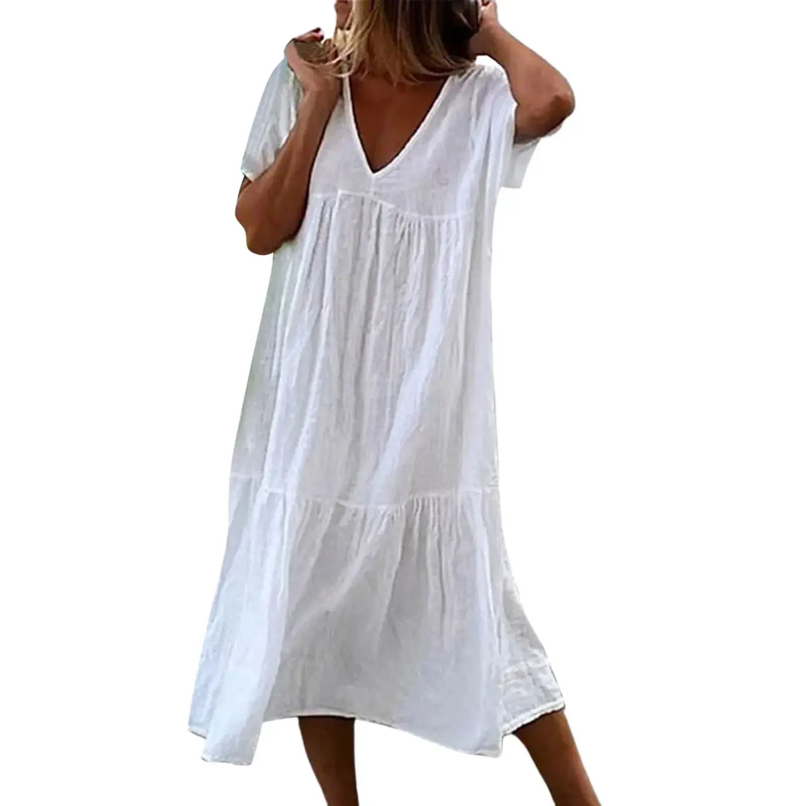 White Summer Cotton Linen Dresses for Women Solid Short Sleeve V