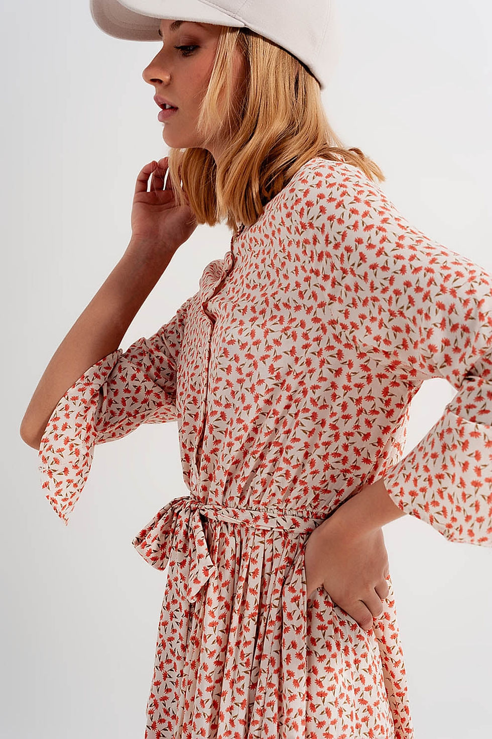 Thumbnail: Buttoned Midi Dress With High Collar in Floral Print Coral