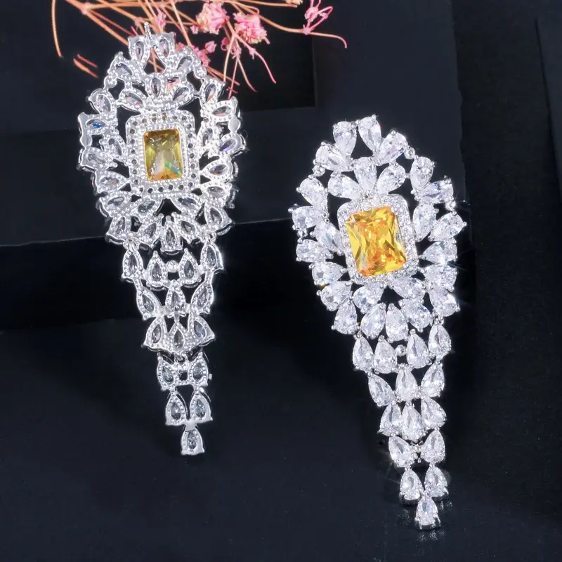 Thumbnail: White Gold Plated Sparkly Square Bright Yellow CZ Stone Big Long Dr