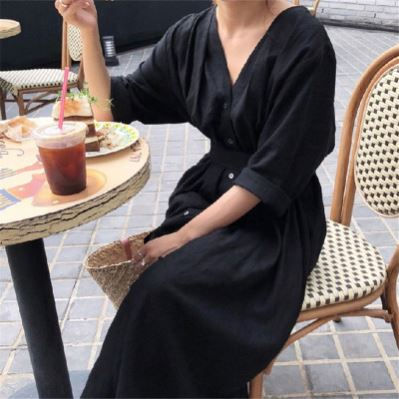 Thumbnail: Women's Clothing Ladies Wild Casual Dresses V-Neck Long-Sleeve