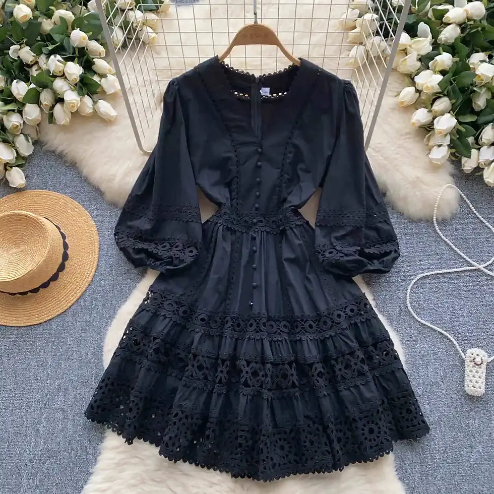 Thumbnail: Women'S New Long-Sleeved V-Neck Lace Single-Breasted White Short Dresses