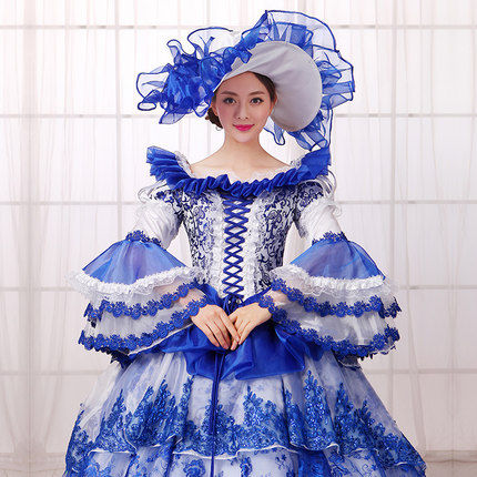 Thumbnail: Ecoparty Best Seller Blue Print Flare Sleeve Lace Rococo Antoinette
